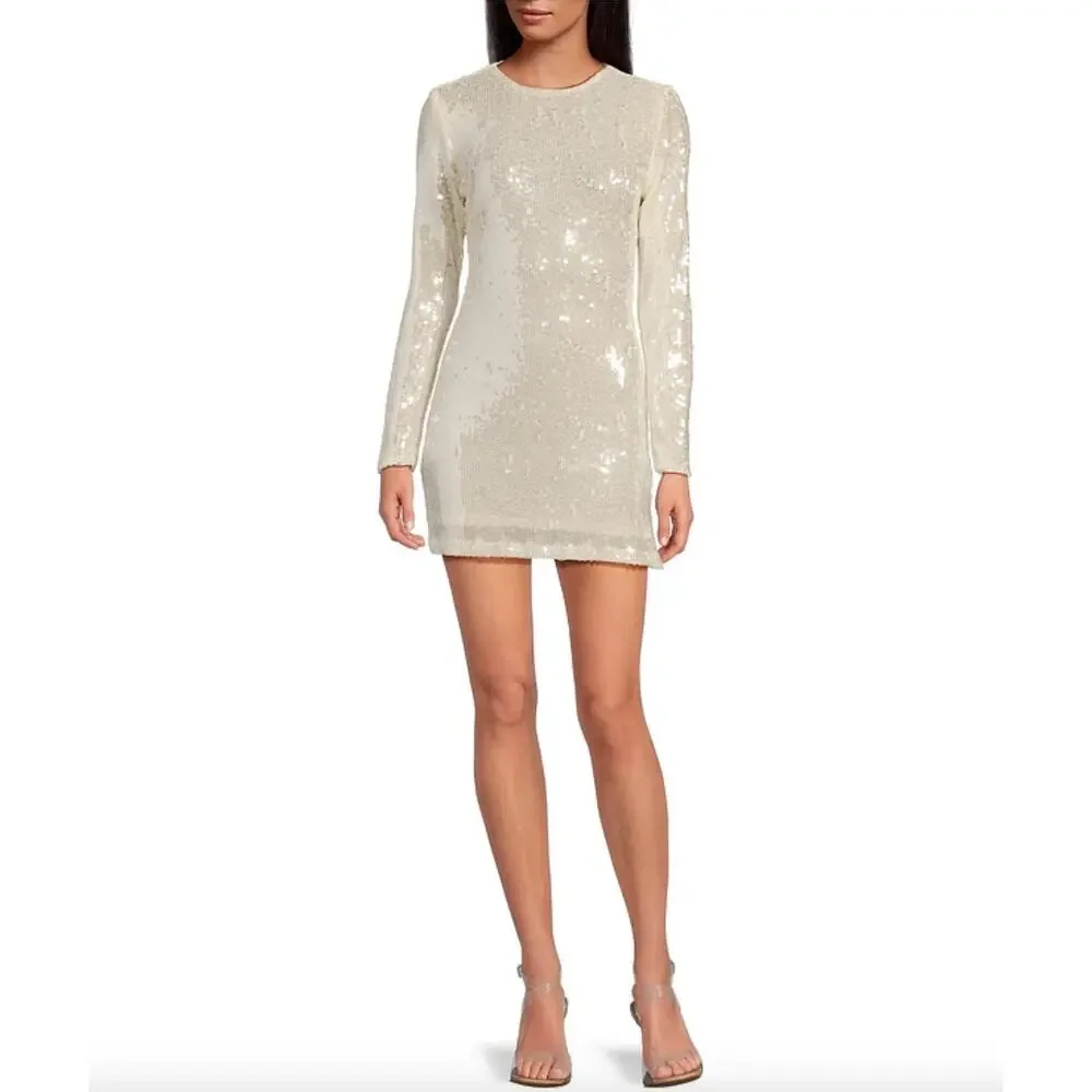 Gianni Bini Ruby Sequin Mini Dress Long Sleeve Cream Party Cocktail Medium NWT - Picture 3 of 13